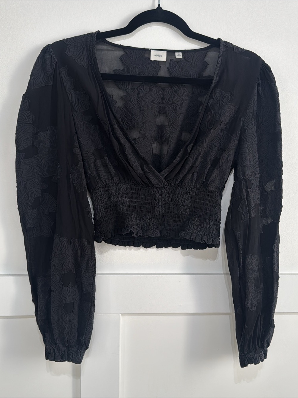 Aritzia Wilfred Wistful Blouse black sheer embroidered long sleeve top XS